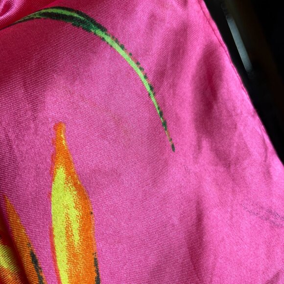 Bright Pink Floral Scarf Horses Birds Maximalist Polyester Square Vibrant Colors - Picture 8 of 13